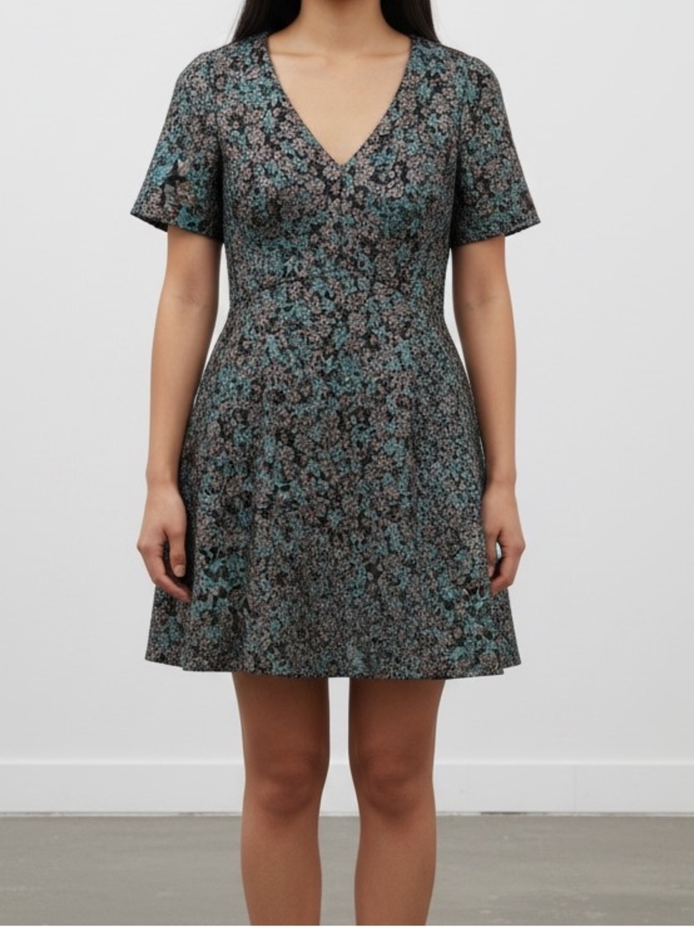 Club Monaco Teal-Blue and Black Floral V-Neck Mini Dress